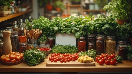 Vibrant Kitchen Still Life: A Symphony of Fresh Herbs and Vegetables