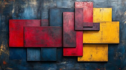 Abstract red, blue, yellow rectangle art.