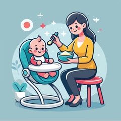 A mother is feeding her child with a happy face, with a flat and minimalist design