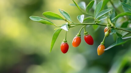 Obraz premium Vibrant red and orange berries on a green branch against a soft blurred background.