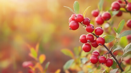 Obraz premium Vibrant red berries on a branch, illuminated by warm autumn sunlight.