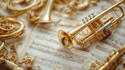 Naklejka premium Golden Trumpet on Sheet Music: A Symphony of Brass and Melody