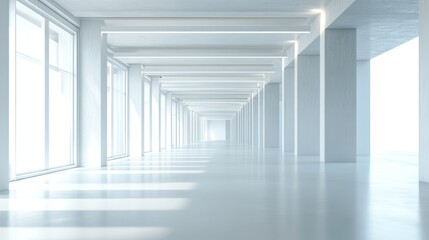 Fototapeta premium Bright, minimalist hallway with windows and columns.