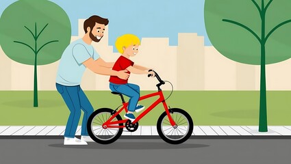 Happy Father Helping Son Learn to Ride a Bicycle in a Park Setting, Emphasizing Joy, Family Bonding, and Outdoor Activities in a Colorful, Cartoon Style