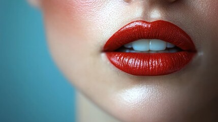 Obraz premium Close-up of glossy red lips with a soft background.