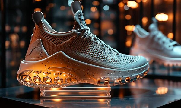 A stylish sneaker displayed on a clear stand with dramatic lighting.