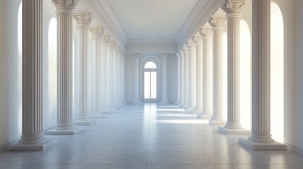 Sunlit classical colonnade interior. (1)