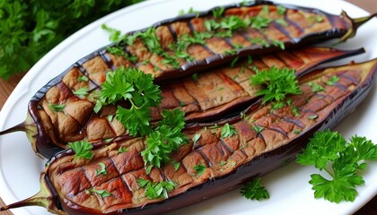 Grilled Eggplant Garnished with Fresh Herbs Served on a White Plate