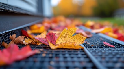 Colorful autumn leaves on a metal grate.