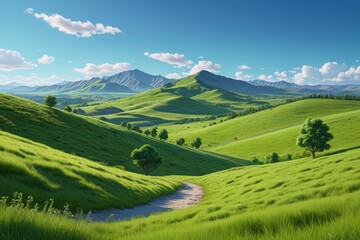 Fototapeta premium grassy hills with a dirt road in the middle of them