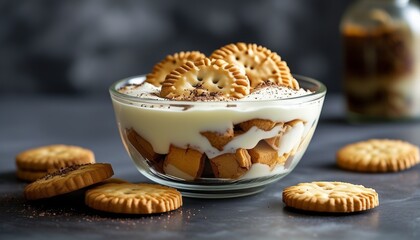 Delicious dessert in glass bowl with cookies and creamy layers on dark background