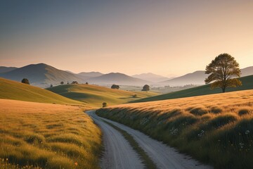Fototapeta premium dirt road in a field with a lone tree on the side