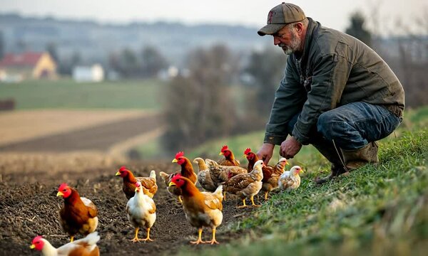 A farmer tending to free-range chickens in a rural landscape.