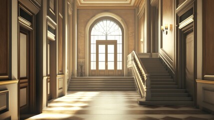 Sunlit grand hall with staircase and arched doorway.