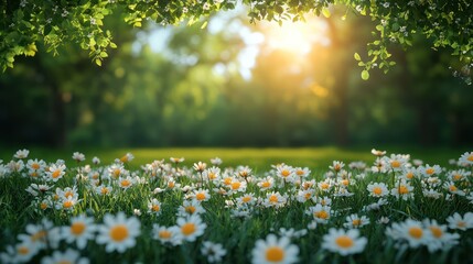 Fototapeta premium Serene Spring Meadow: A Sunlit Field of Daisies