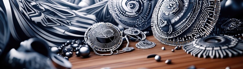 Obraz premium A collection of intricate silver jewelry displayed on a wooden surface.