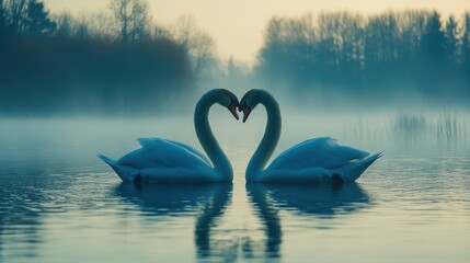 Fototapeta premium Elegant Swans Forming Heart Shape on Calm Water