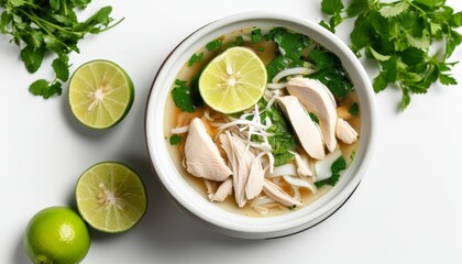 Fresh Chicken Noodle Soup with Herbs and Lime Slices in Bowl
