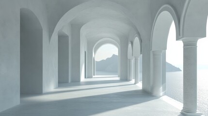 White arched hallway overlooking ocean.