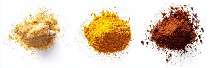 Isolated set of turmeric, cumin, and ginger on white.