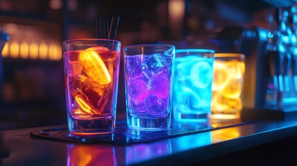 Vibrant cocktails on a bar with glowing lights.