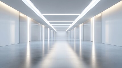 Bright, futuristic white corridor with glowing lights and reflective floor.