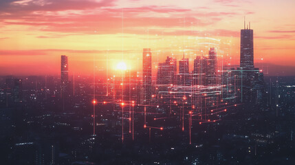 Fototapeta premium Smart Innovation city with connection cyber security network reciprocity over the sunset cityscape future wireless digital city and social media networking systems that connects people in the city