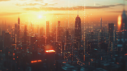 Fototapeta premium Smart Innovation city with connection cyber security network reciprocity over the sunset cityscape future wireless digital city and social media networking systems that connects people in the city