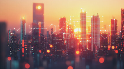 Smart Innovation city with connection cyber security network reciprocity over the sunset cityscape future wireless digital city and social media networking systems that connects people in the city

