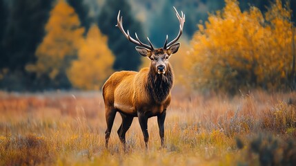 Majestic stag standing proudly in a vibrant autumn landscape.