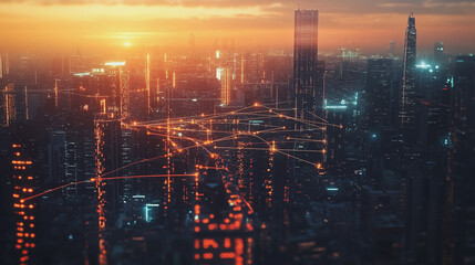 Fototapeta premium Smart Innovation city with connection cyber security network reciprocity over the sunset cityscape future wireless digital city and social media networking systems that connects people in the city