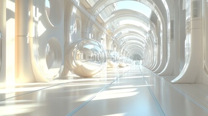 Obraz premium Futuristic white corridor with reflective spheres and arched ceiling.
