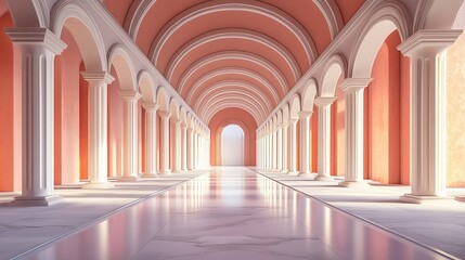 Sunlit classical corridor with columns and arches.