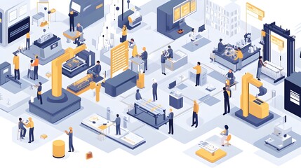 Obraz premium Isometric illustration of a smart factory with automated robots and human workers collaborating on a production line. Efficient workflow and technological integration are highlighted.