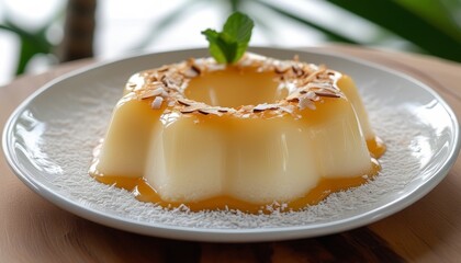 Fototapeta premium Shiny Quindim Dessert with Coconut Garnish on a White Plate Surrounded by Plant Backgrounds