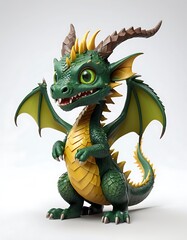 Fototapeta premium Cute Cartoon Dragon in Green and Gold with White Background. Generative AI