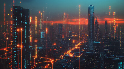 Fototapeta premium Smart Innovation city with connection cyber security network reciprocity over the sunset cityscape future wireless digital city and social media networking systems that connects people in the city