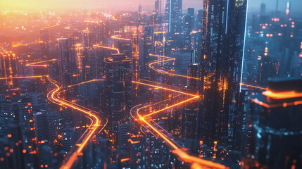 Fototapeta premium Smart Innovation city with connection cyber security network reciprocity over the sunset cityscape future wireless digital city and social media networking systems that connects people in the city