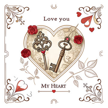 Fototapeta valentines day card with hearts and key on white background.PNG transparent 