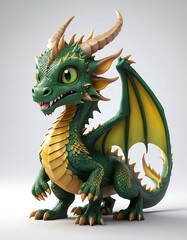 Fototapeta premium Cute Cartoon Dragon in Green and Gold with White Background. Generative AI