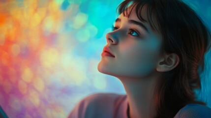 Beautiful pensive student girl with laptop thoughtfully looking away over colorful background