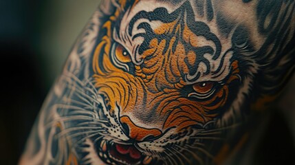 A close-up of a vibrant tiger tattoo showcasing intricate details and bold colors.
