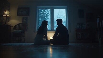 Couple by candlelight, snowy night view, intimate home setting