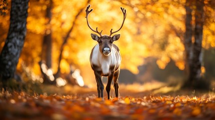 beautiful portrait of a reindeer amidst an idyllic autumn scene, its confident stride accentuated by fallen autumn leaves