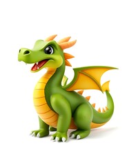 Fototapeta premium Cute Cartoon Dragon in Green and Orange Posing Against White Background