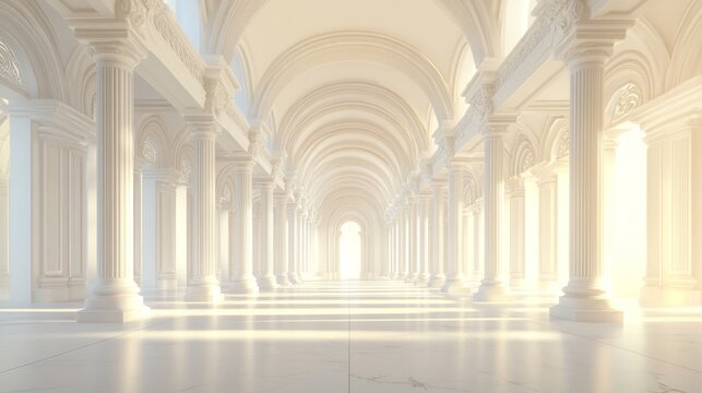 Sunlit classical white marble colonnade hallway.