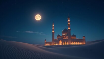 Desert Mosque under a Full Moon: Serene Night Scene