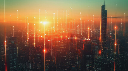 Fototapeta premium Smart Innovation city with connection cyber security network reciprocity over the sunset cityscape future wireless digital city and social media networking systems that connects people in the city