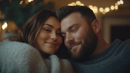 Couple cuddling on couch with Christmas lights in background, cozy winter scene