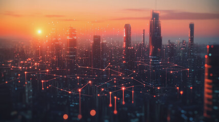 Fototapeta premium Smart Innovation city with connection cyber security network reciprocity over the sunset cityscape future wireless digital city and social media networking systems that connects people in the city